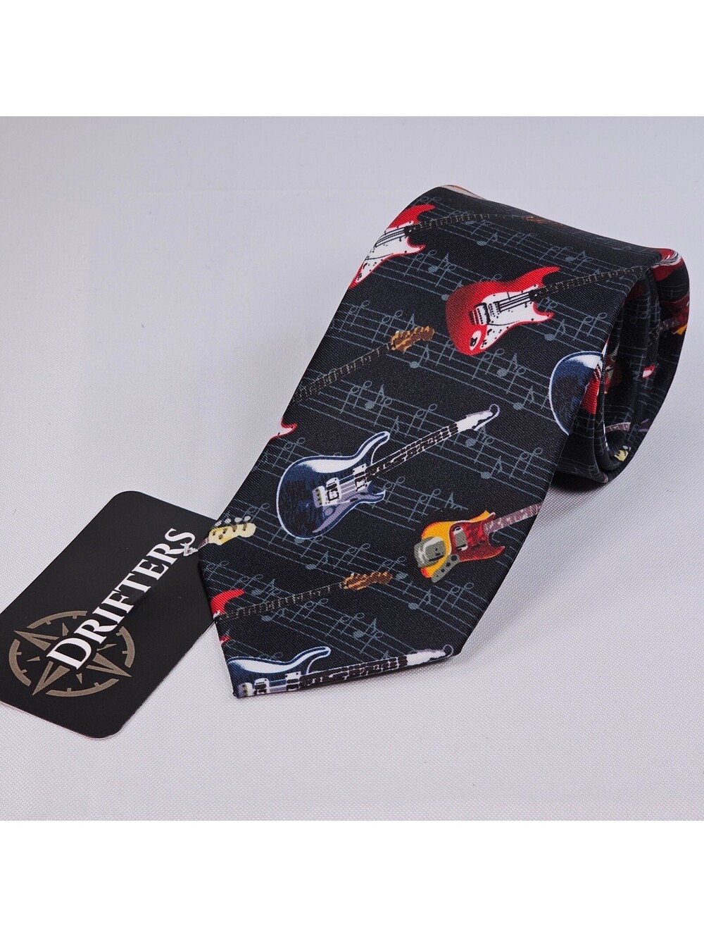 New Parquet Mens Necktie Black Electric Guitar Musical Notes Silk Feel Music NWT